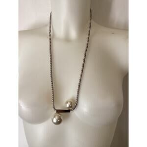 2109 Love Ashley Silver Chain Necklace with Large Faux Pearls and Silver Bar 26"